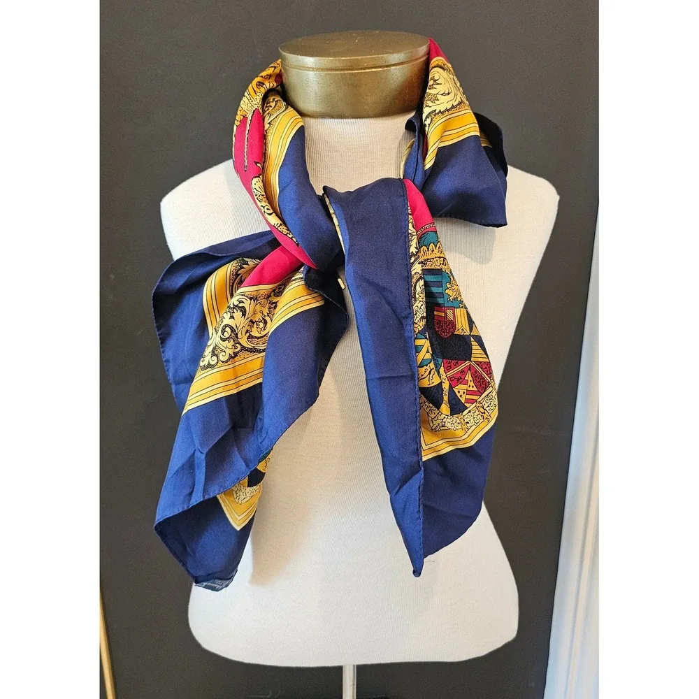 Vintage 1986 Ginnie Johansen Silk Scarf Heraldic Crest Red Navy Gold Japan
